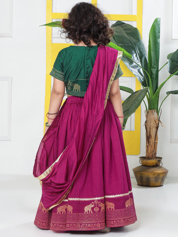 Grapevine Elephant Zari Embroidery Chanderi Cotton Lehenga with Stitched Green Blouse Set | SHOBITAM