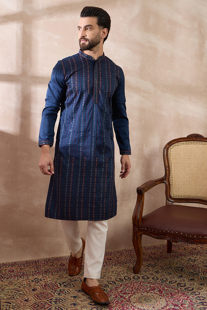 Navy Blue Silk Blend Embroidered Mandarin Collar Straight Kurta For Men | SHOBITAM