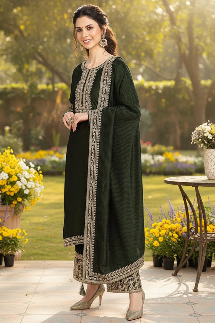 Green Silk Blend Solid Embroidered Straight Style Suit Set | SHOBITAM