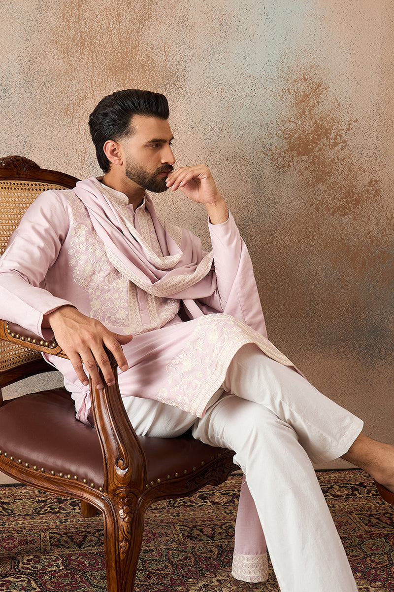 Mens Lavender Silk Blend Solid Embroidered Kurta Trouser With Dupatta  | SHOBITAM