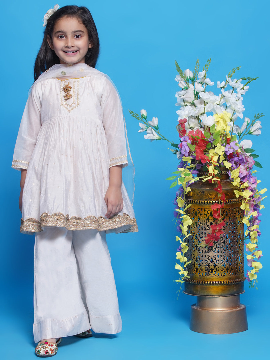 Girls Chanderi Cotton Three Fourth Sleeves Kurta Frock with Plazzo and Dupatta with Boota, Lace & Tussel work - Cream | SHOBITAM