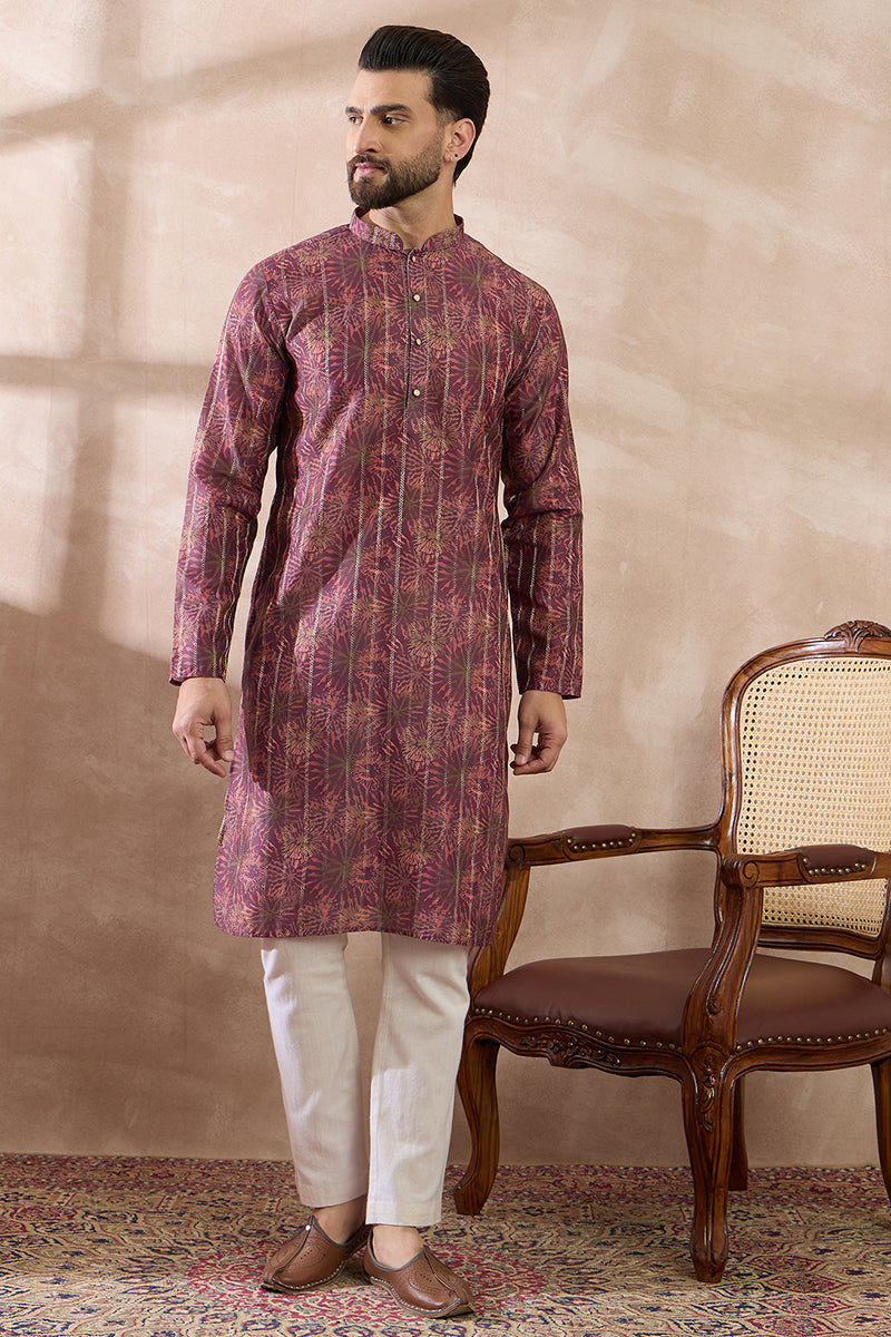 Purple Silk Blend Printed Mandarin Collar Straight Kurta | SHOBITAM