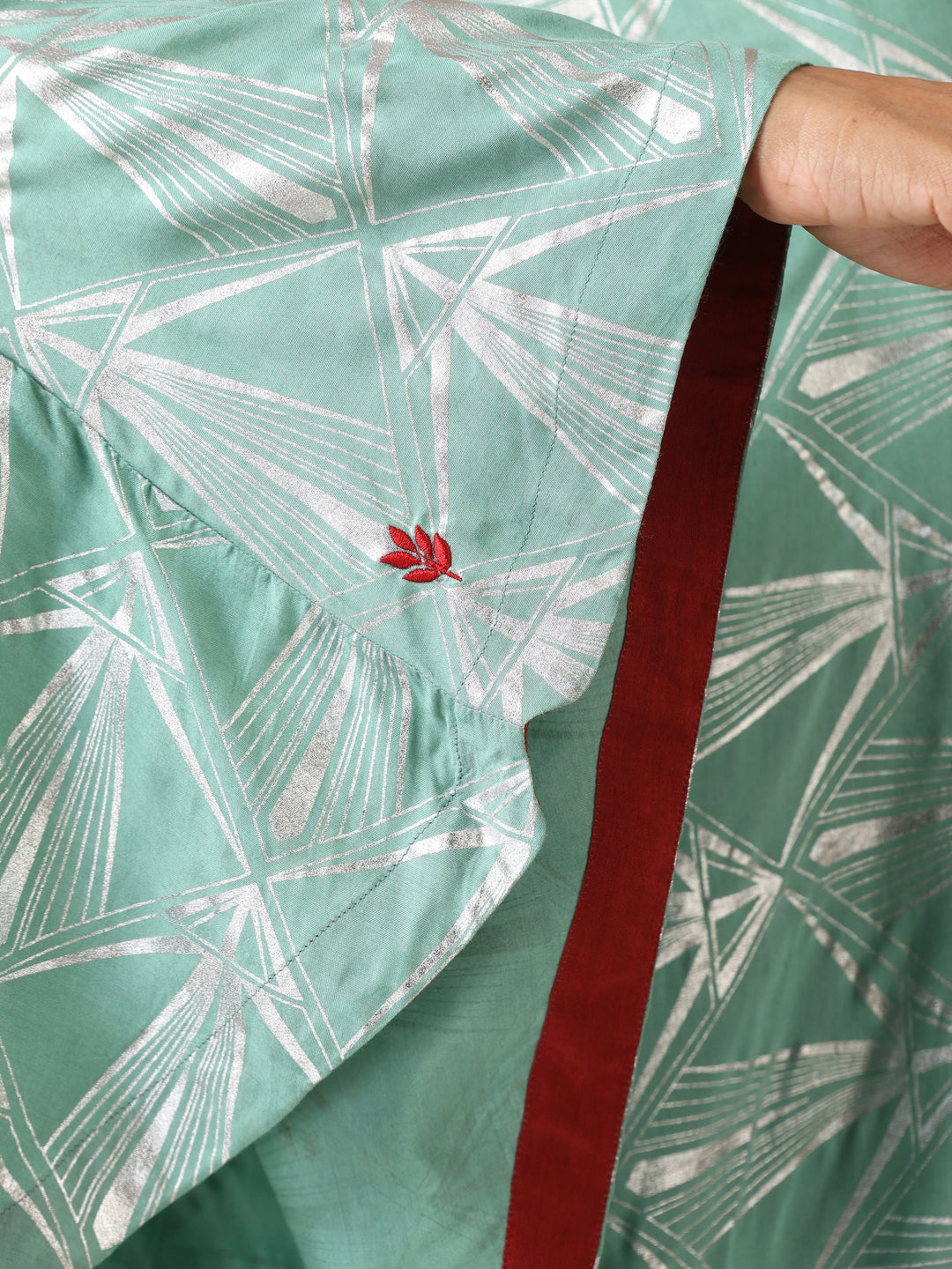 Mint Green Silver Foil Print Muslin Silk Asymmetric One-Shoulder Kurta Co-ord Set | SHOBITAM
