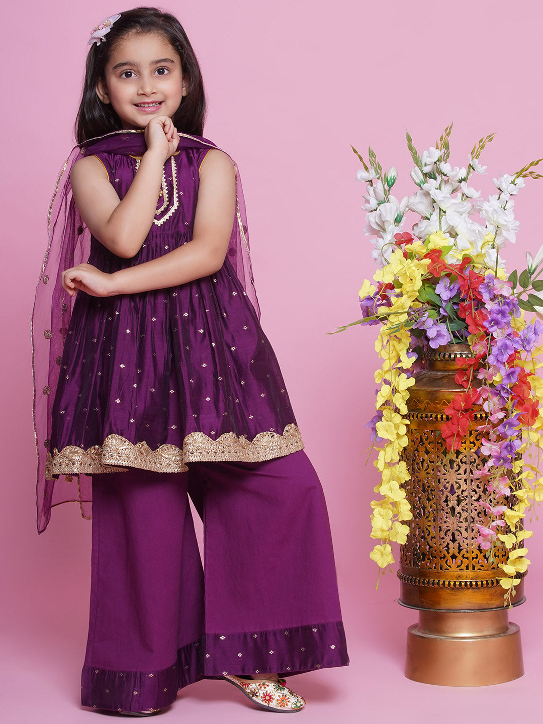 Girls Chanderi Cotton Sleeveless Kurta Frock with Plazzo and Dupatta with Boota, Lace & Tussel work - Royal Purple | SHOBITAM