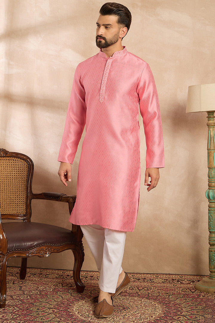 Pink Polyester Solid Embroidered Straight Kurta For Men | SHOBITAM