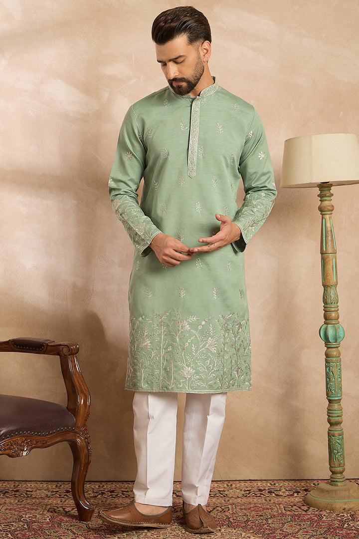 Green Silk Blend Solid Embroidered Straight Kurta With Trouser | SHOBITAM