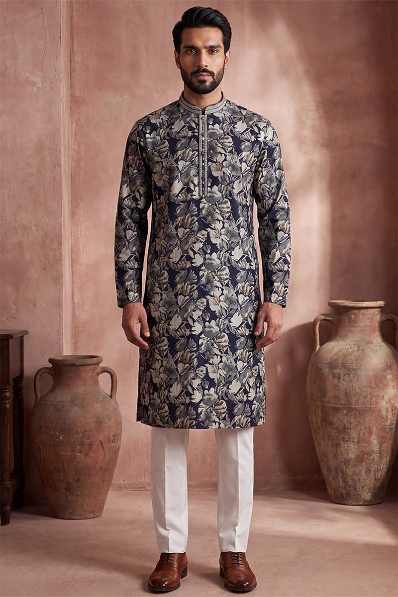 Mens Blue Viscose Rayon Floral Printed Kurta With Trousers | SHOBITAM