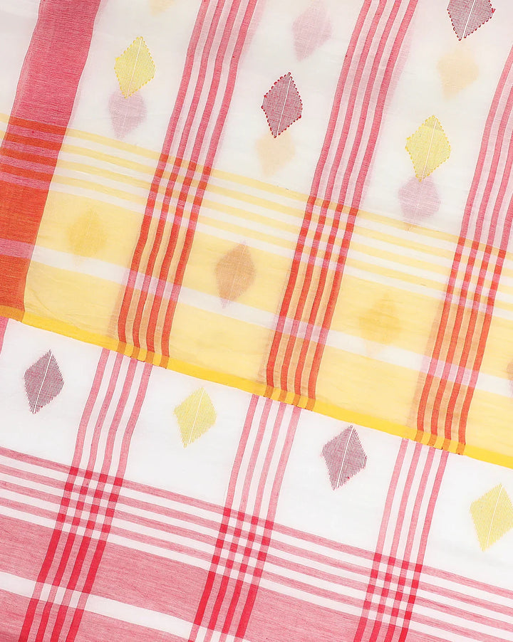 White Red Diamond Jamdani Cotton Saree