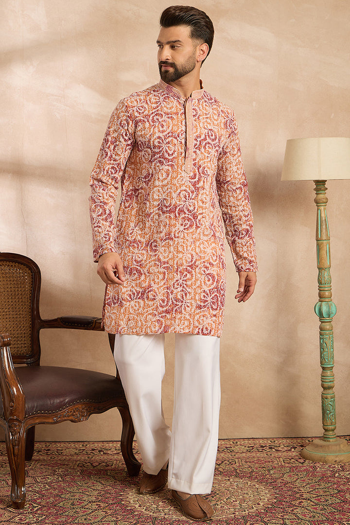 Orange Viscose Rayon Batik Embroidered Straight Kurta | SHOBITAM