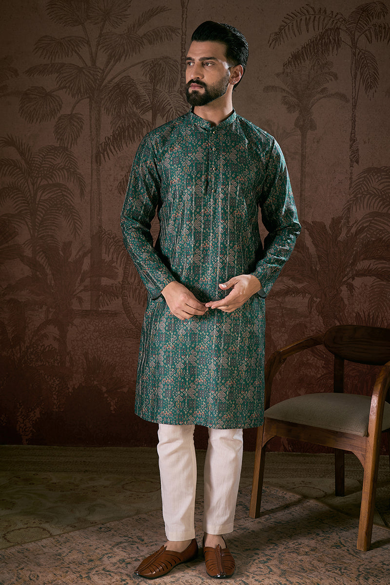 Sea Green Silk Blend Ethnic Motifs Printed Straight Kurta With Trouser | SHOBITAM