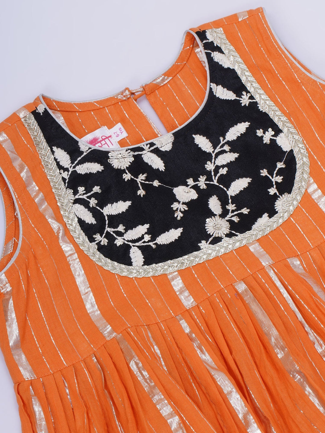 Girls Cotton Sleeveless White Thread Floral Embroidery Kurta Frock with Sharara and Dupatta - Orange | SHOBITAM