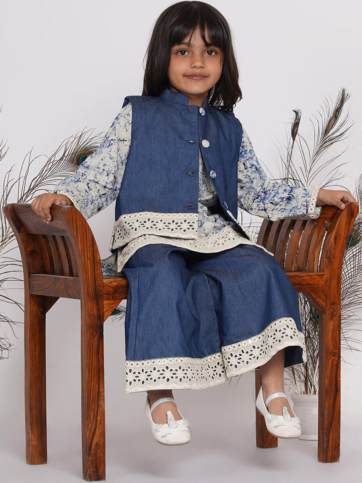 Girls Denim Jacket and Kurta with Patchwork Plazzo - Denim Blue  | SHOBITAM