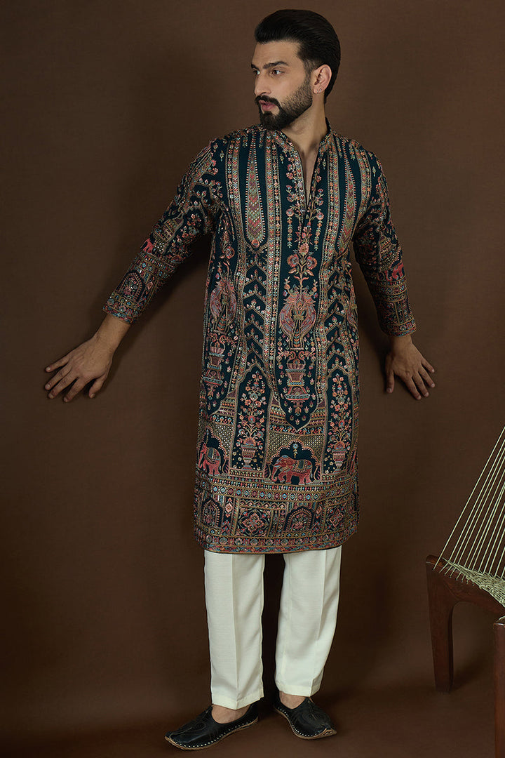 Teal Georgette Solid Embroidered Straight Kurta | SHOBITAM