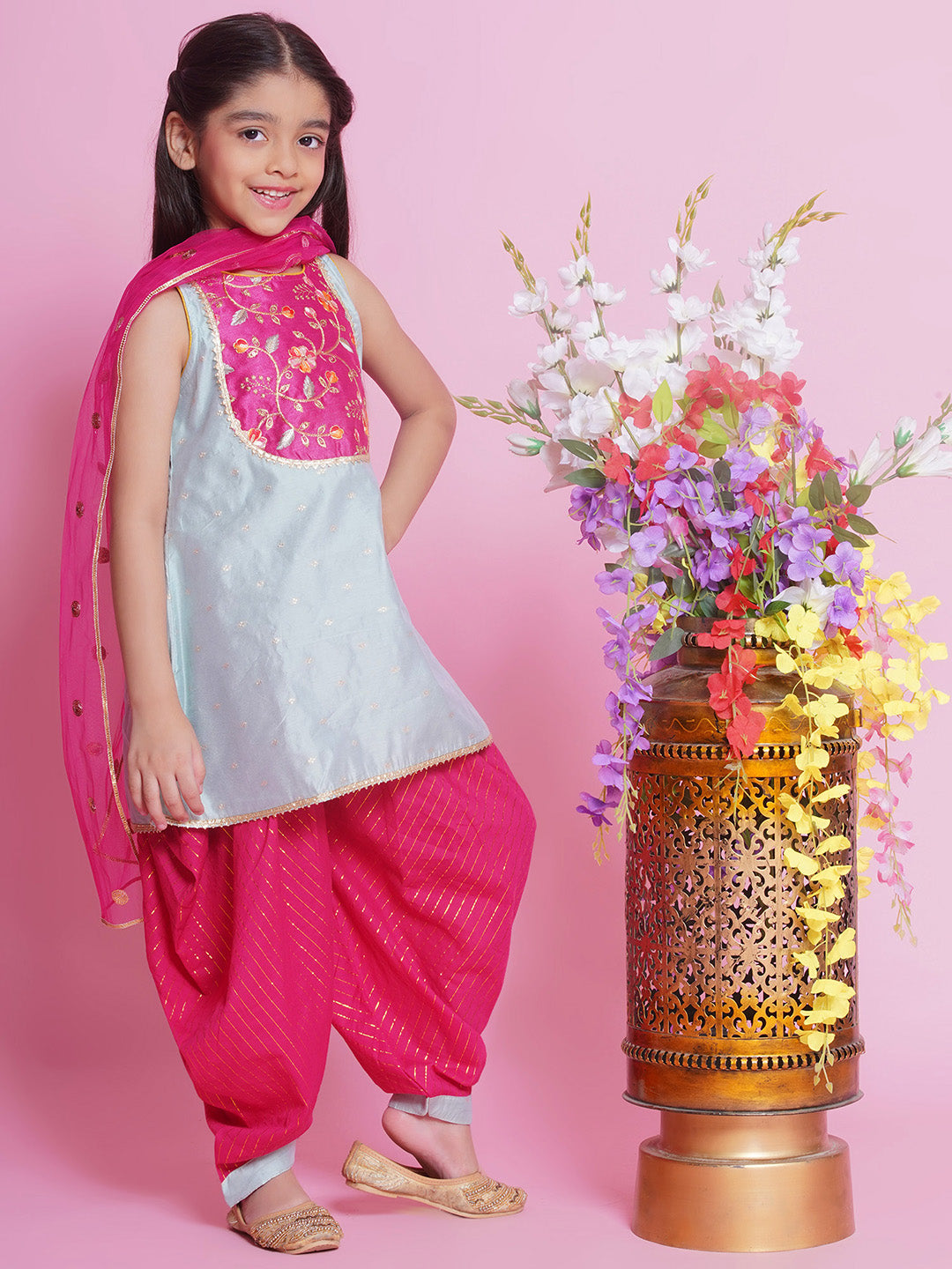 Girls Cotton Silk Sleeveless Kurta with Dhoti Salwar and Dupatta with Floral Embroidery - Dolphin Green | SHOBITAM