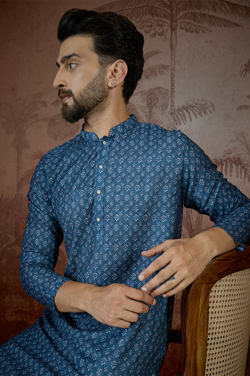 Mens Blue Linen Floral Print Regular Kurta With Trouser | SHOBITAM