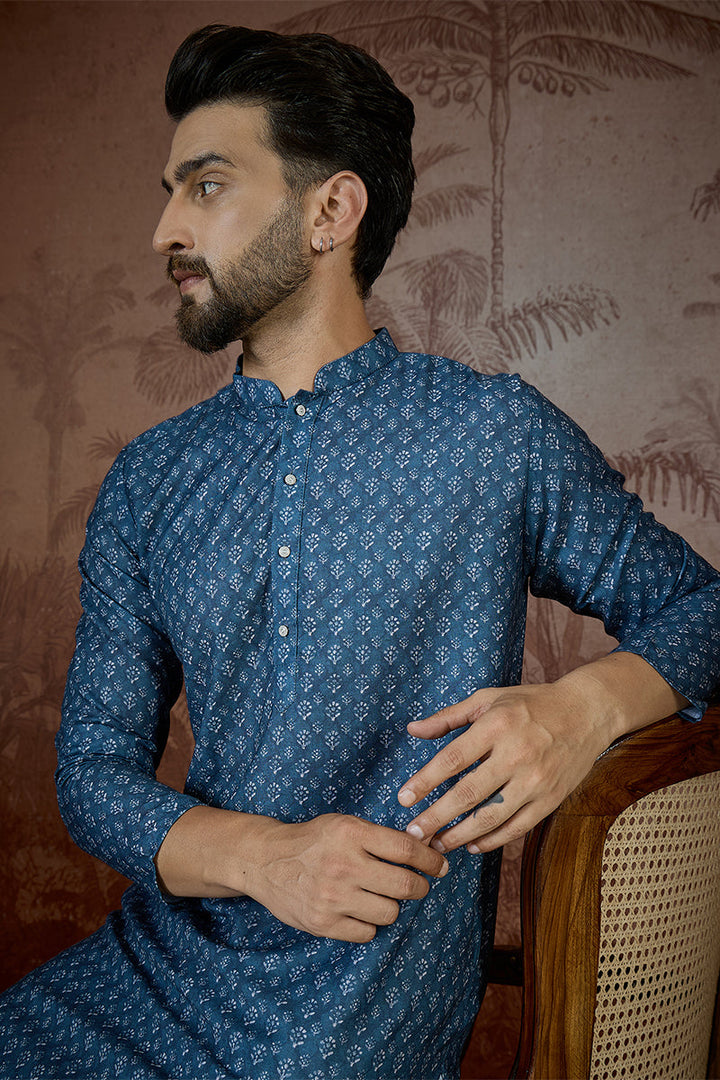 Mens Blue Linen Floral Print Regular Kurta With Trouser | SHOBITAM