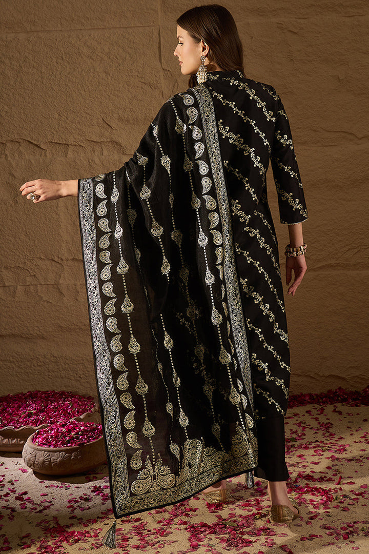 Black Silk Blend Ethnic Motifs Printed Straight Kurta Sets | SHOBITAM
