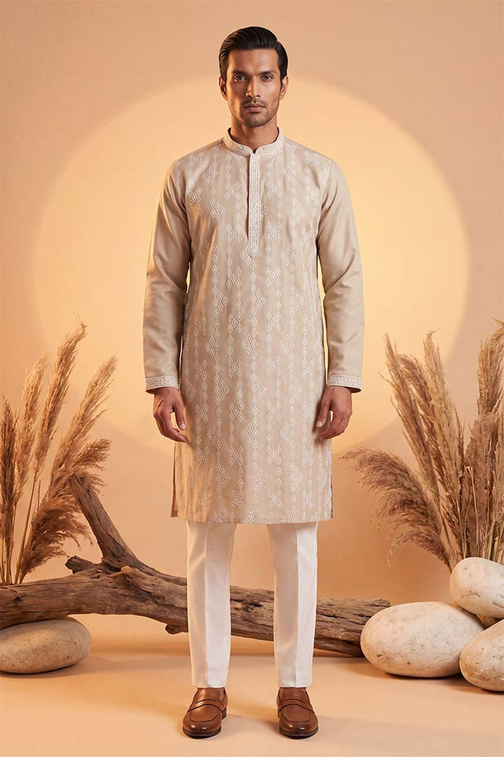 Mens Beige Silk Blend Solid Embroidered Kurta With Trousers  | SHOBITAM