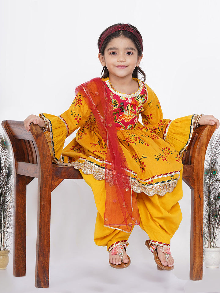 Girls Jaipuri Lacework and patchwork Kurta frock with Salwar and Dupatta | SHOBITAM