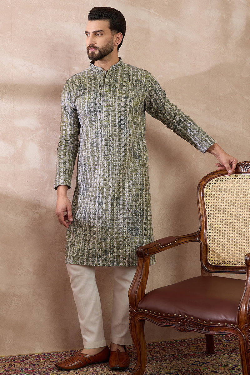 Green Silk Blend Printed Mandarin Collar Straight Kurta With Trouser | SHOBITAM