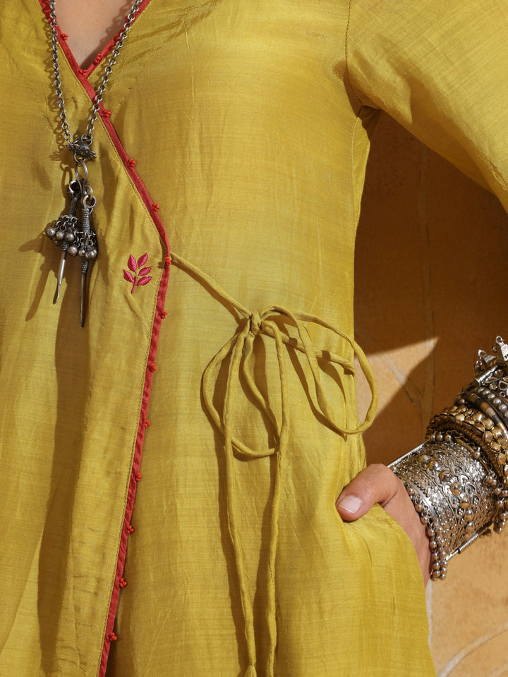 Lime Muslin Silk Angrakha Kurta Pant Set  | SHOBITAM