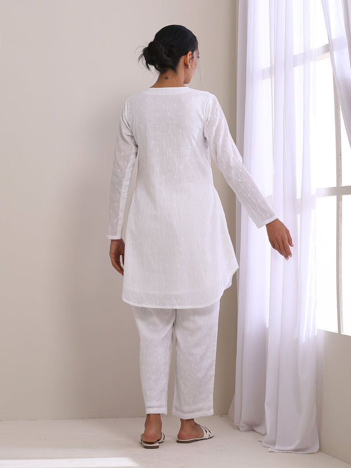 White Dobby Front Placket Co-Ord Set  | SHOBITAM