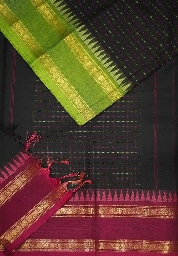 Black Cotton Mercerized Cotton Saree with Ganga Jamuna Borders | SHOBITAM