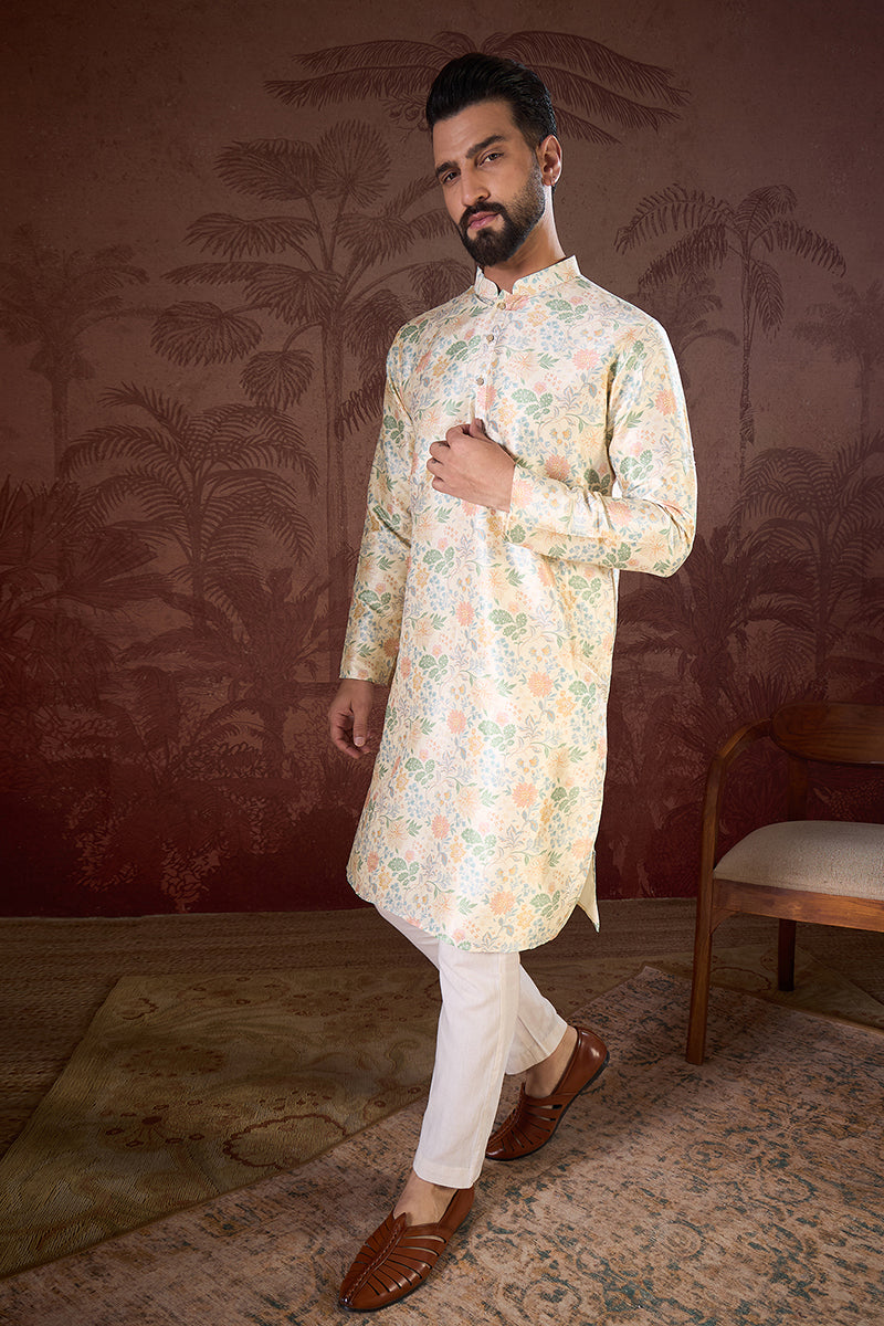 Off White Silk Blend Floral Printed Straight Kurta For Men | SHOBITAM