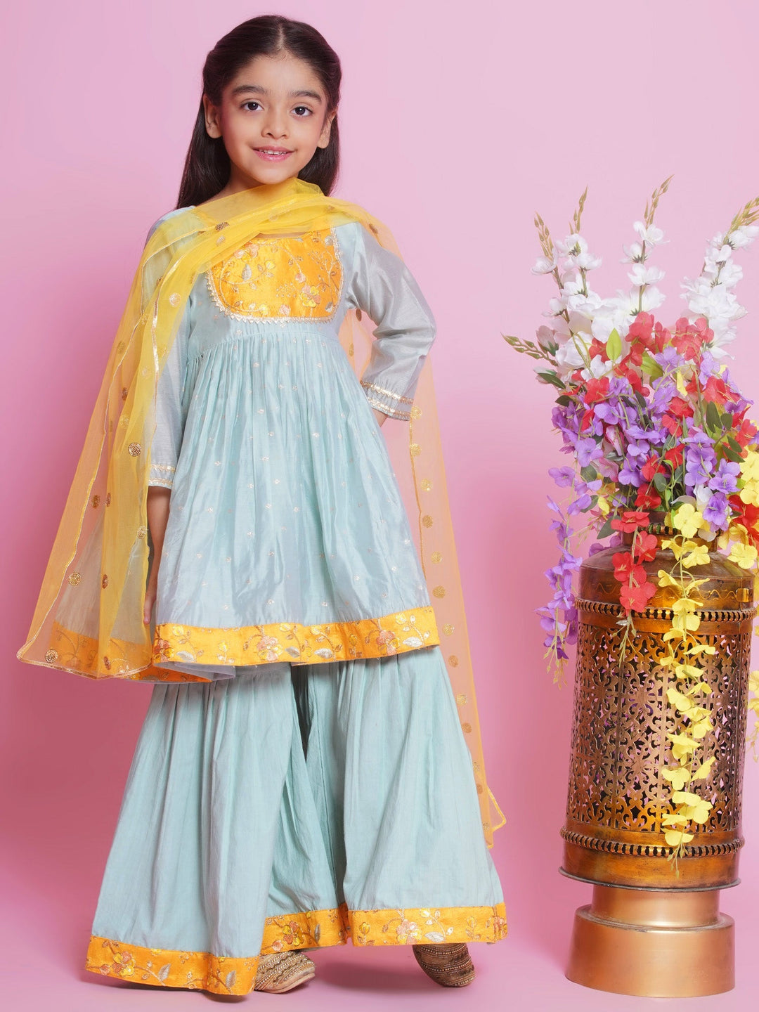 Girls Chanderi Semi-Silk Sleeveless Floral Embrodiery Kurta Frock with Sharara and Dupatta - Dolphin Green | SHOBITAM