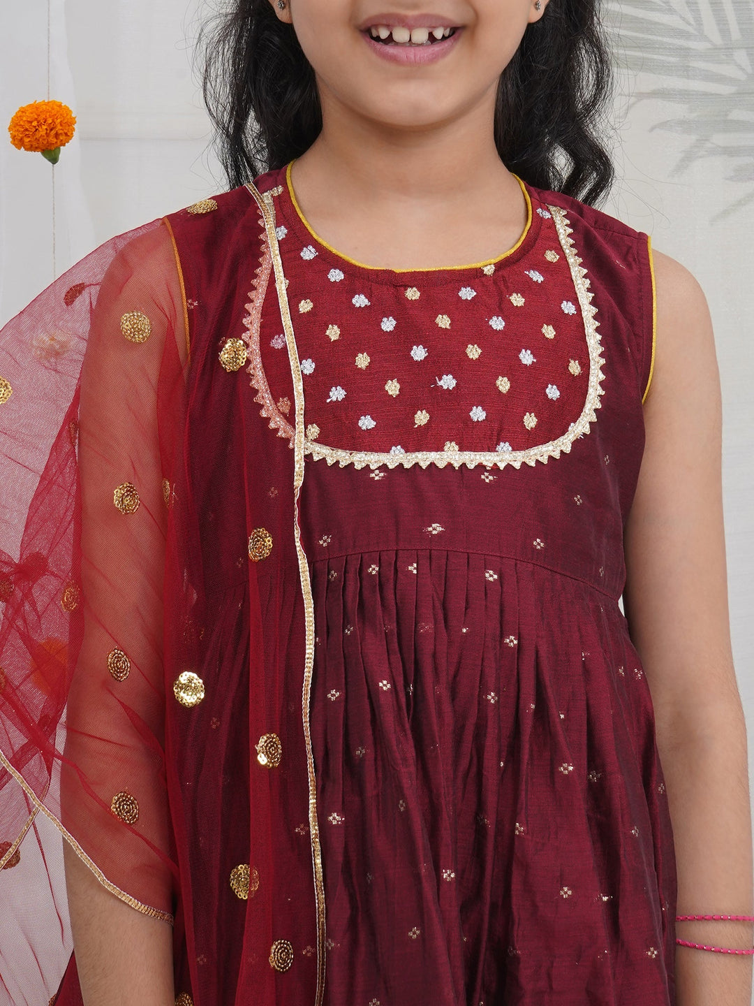 Girls Maroon Chanderi Semi-Silk Kurta Sharara Set with Dupatta and Cotton Lining | SHOBITAM