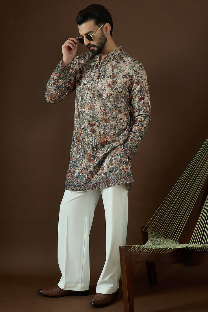 Cream Georgette Solid Embroidered Straight Kurta | SHOBITAM