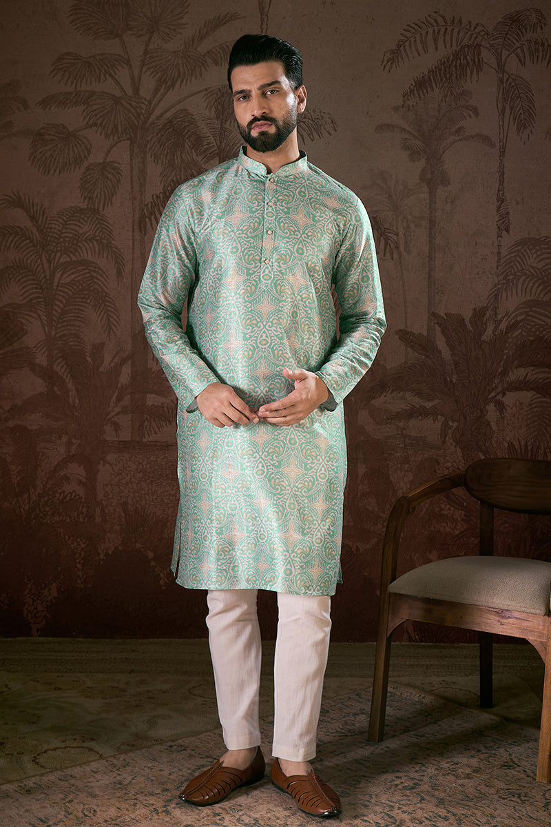 Turquoise Blue Silk Blend Abstract Printed Straight Kurta For Men | SHOBITAM
