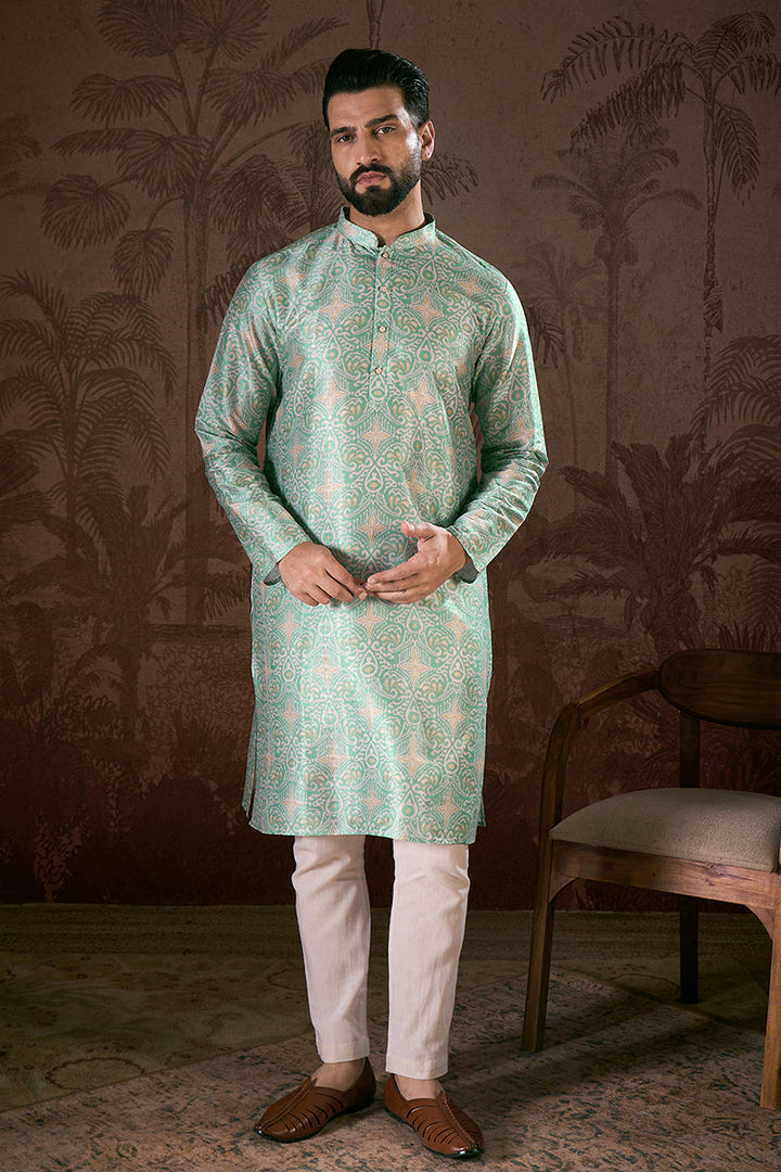 Turquoise Blue Silk Blend Abstract Printed Straight Kurta For Men | SHOBITAM
