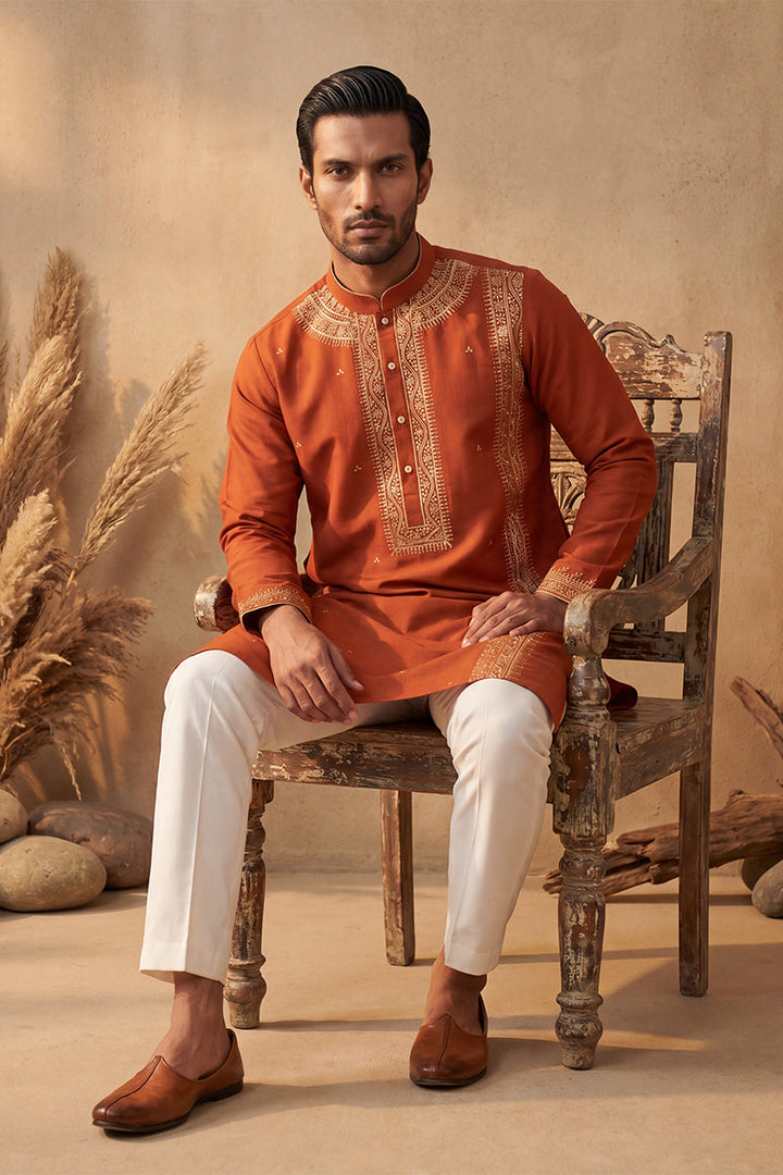 Mens Orange Silk Blend Solid Emboidered Straight Kurta With Trouser | SHOBITAM