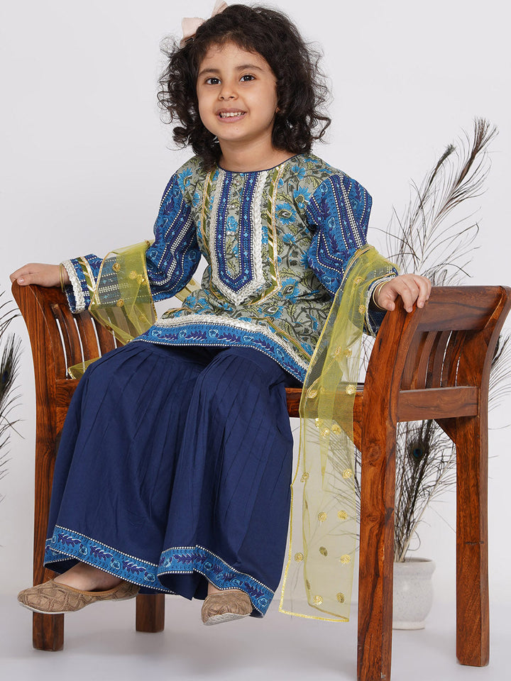 Girls Lacework Floral Kurta with Sharara and Dupatta in Indigo Blue and Green | SHOBITAM