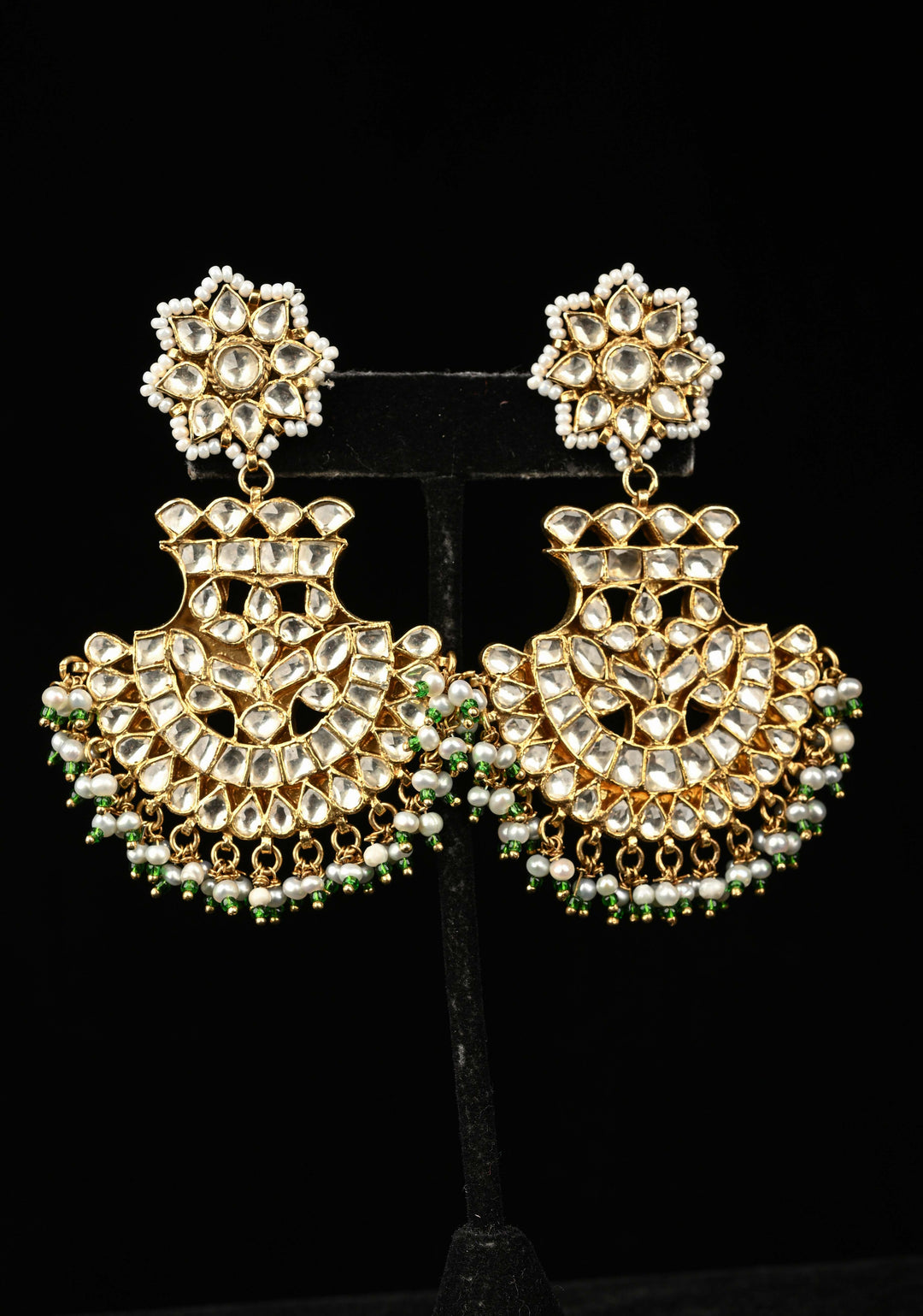 92.5 Pure Silver, Gold-Plated Polki Chandbali Earrings with Pearls and Green Beads