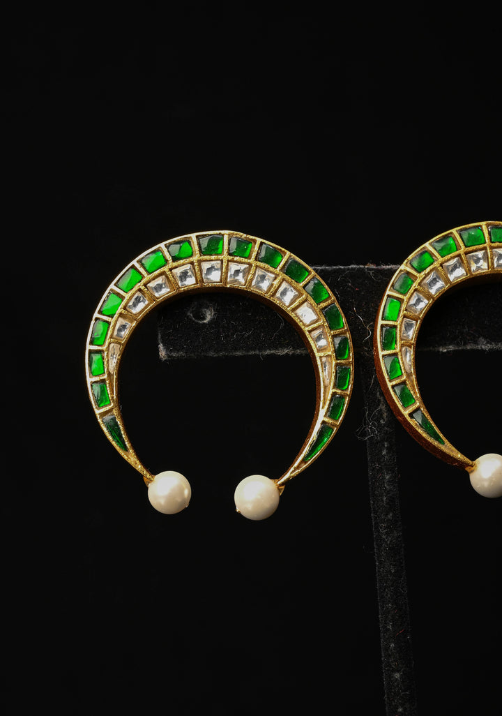 92.5 Silver Sithun Kundan Horse Shoe Crescent Stud Earrings