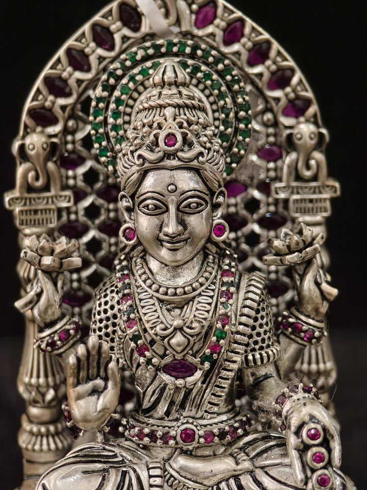 Pure 92.5 Silver Goddess Lakshmi 3D Idol with Stones Ornate Throne, 145 grams