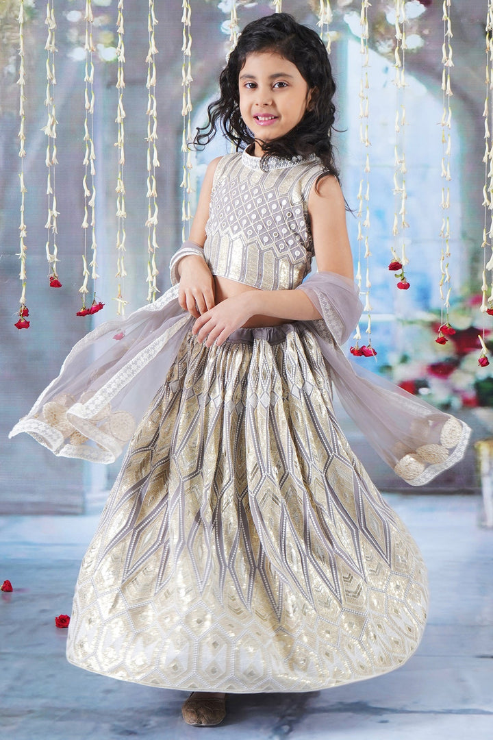 Girls Ivory and Golden Thread work Lehenga with Sequence work Blouse and Lacework Dupatta | SHOBITAM