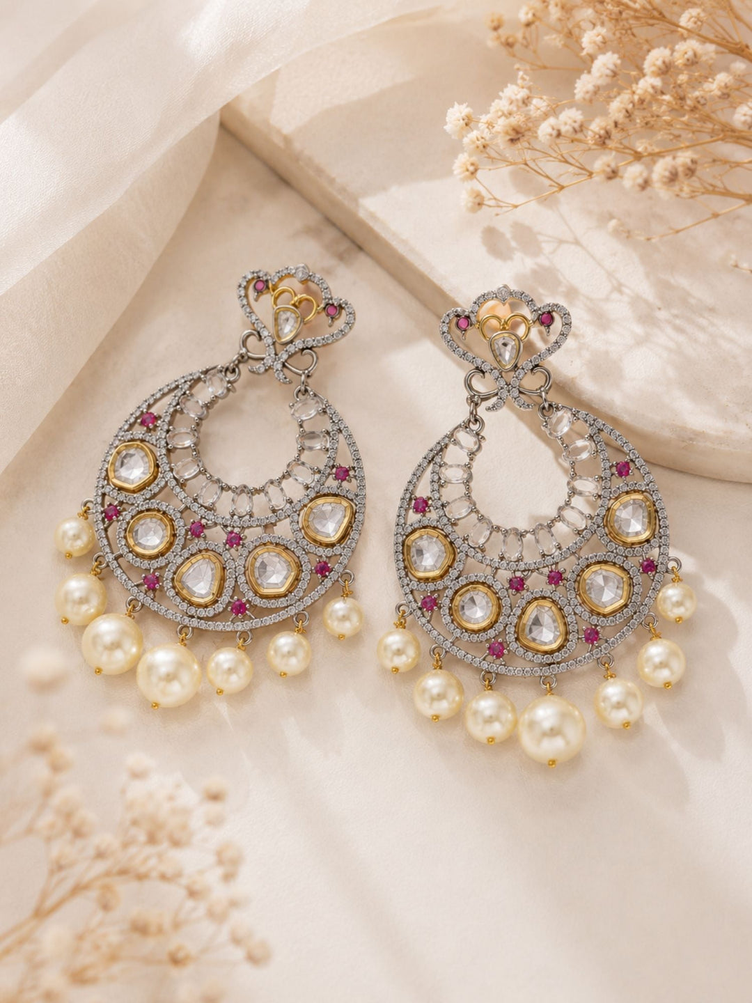 Pearl Chandbali Kundan Earrings | SHOBITAM
