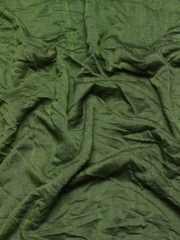 Moss Green Colour block Cotton Saree with pompoms With Minimal Border, No Blouse Piece