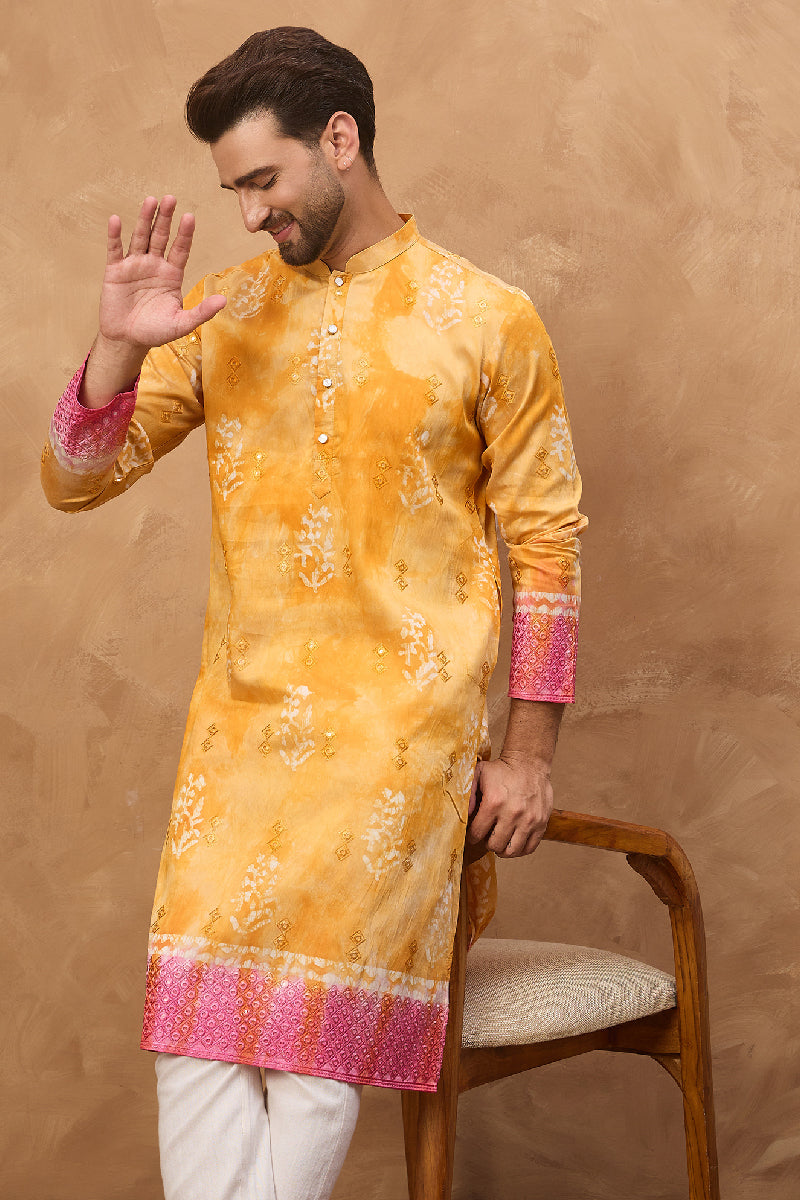 Yellow Silk Blend Batik Embroidered Straight Kurta  | SHOBITAM