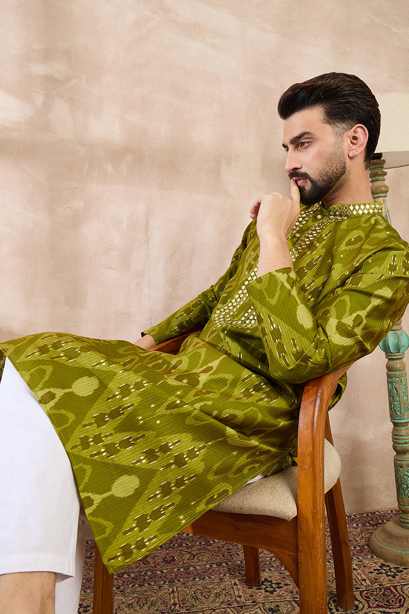 Green Viscose Rayon Chevron Printed Straight Kurta With Trouser | SHOBITAM