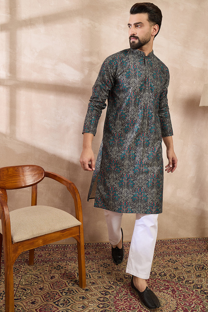Black Silk Blend Floral Printed Straight Kurta For Men | SHOBITAM