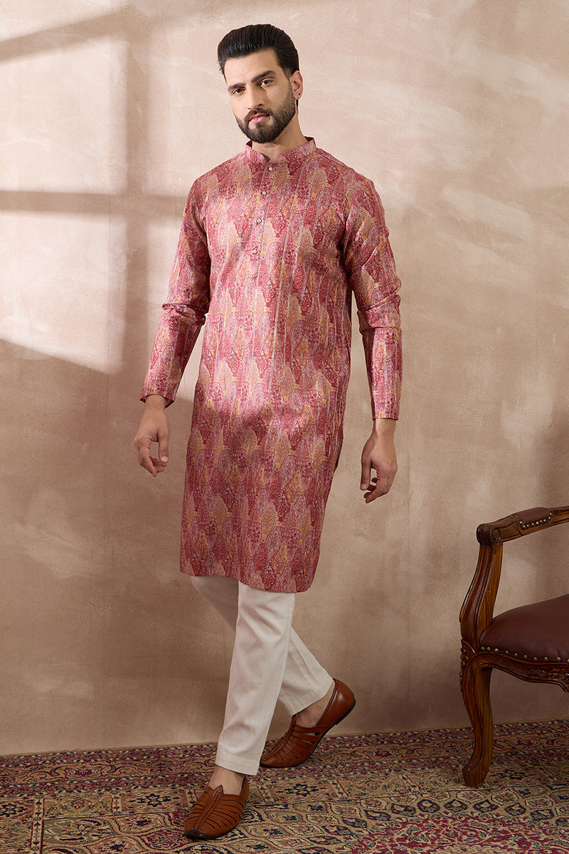 Pink Silk Blend Printed Mandarin Collar Straight Kurta With Trouser | SHOBITAM
