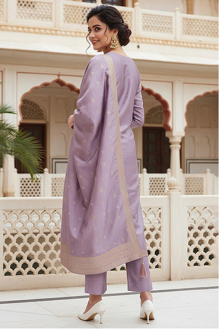 Lavender Silk Blend Ethnic Motifs Woven Design Straight Suit Set | SHOBITAM