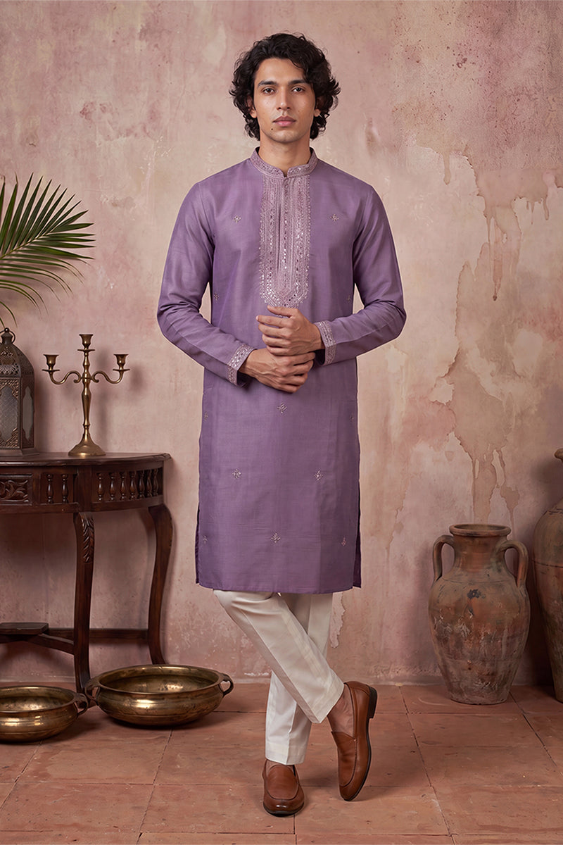 Mens Lavender Silk Blend Solid Emboidered Sequins Kurta With Trouser | SHOBITAM
