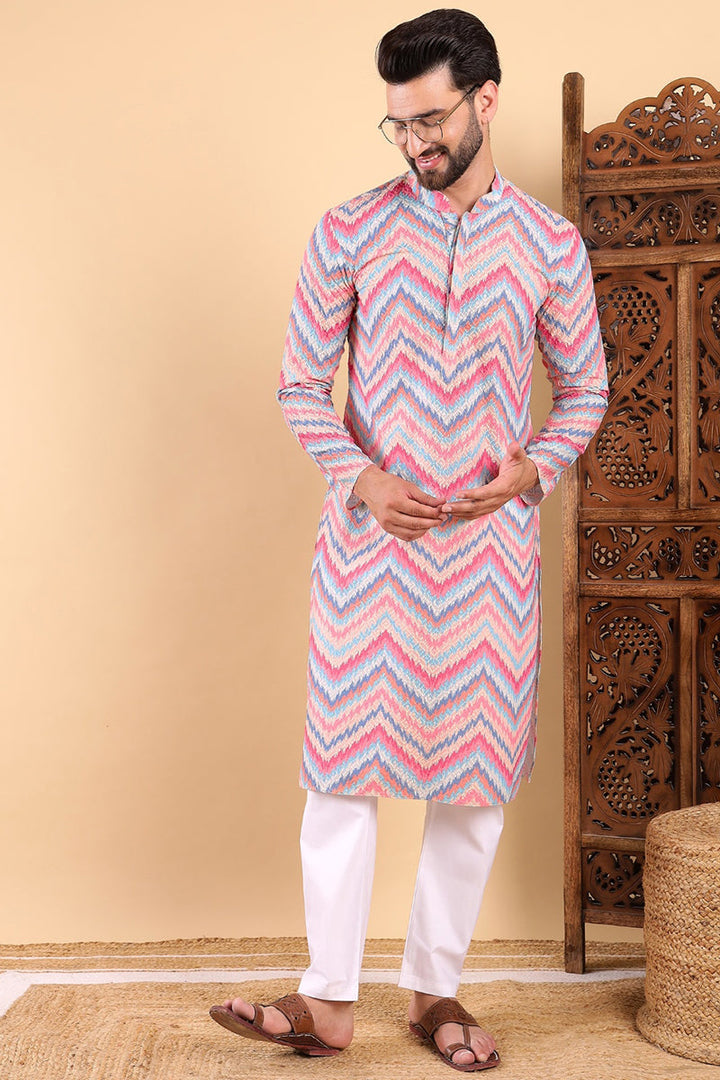 Pink Viscose Rayon Ikat Embroidered Straight Kurta For Men | SHOBITAM
