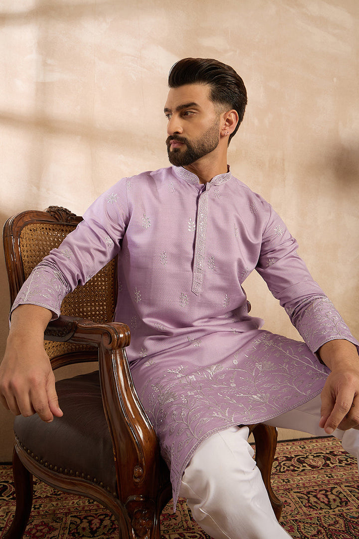 Lavender Silk Blend Floral Embroidered Straight Kurta | SHOBITAM
