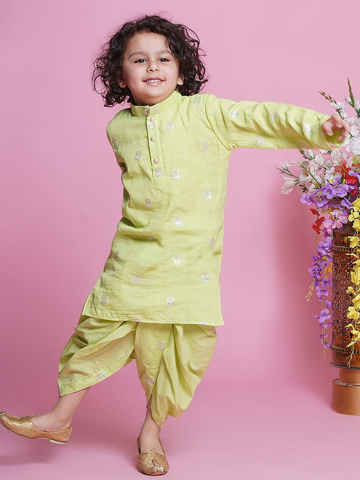 Cotton Full Sleeves Rose Zari Embroidered Kurta with Dhoti -Fern Green | SHOBITAM